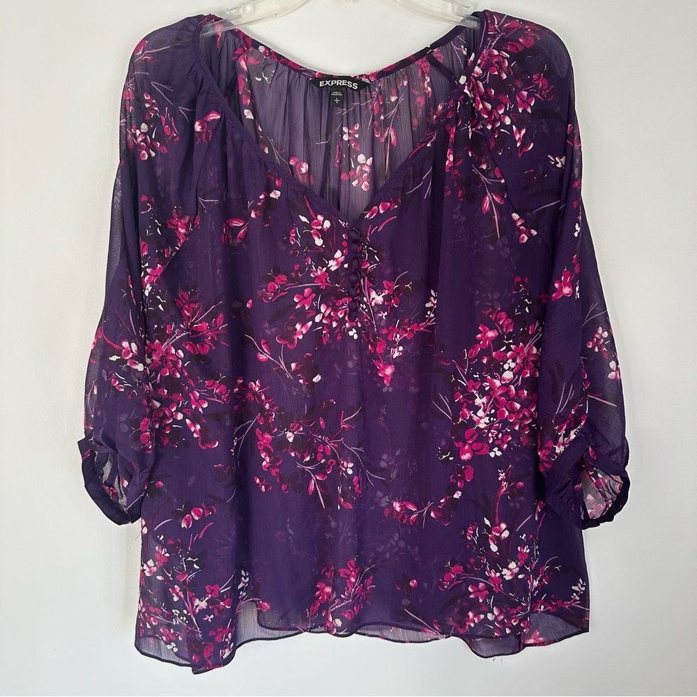 Express Women’s Purple Floral Pink Flowers Sheer blouse Large top